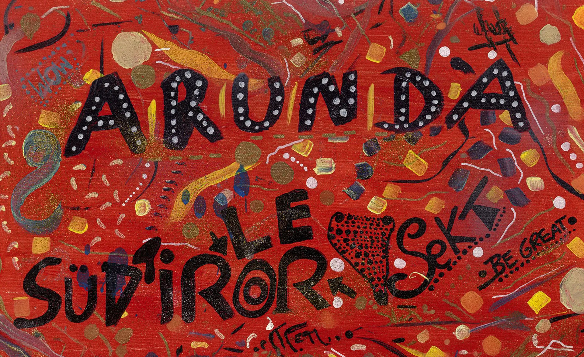 Abstraktes Gemälde mit rotem Hintergrund, Schriftzug Arunda Südtirol Sekt und Be Great, buntes Konfetti-Design