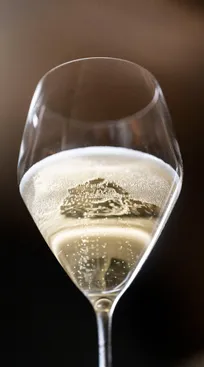 Tulpenförmiges Sektglas mit goldenem Arunda-Sekt und feiner Perlage vor dunklem Kellerhintergrund