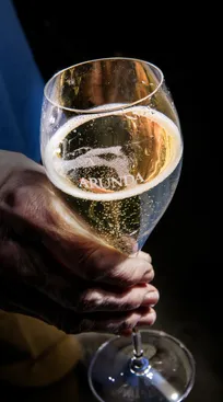 Hand hält Arunda-Sektglas mit goldenem Sekt und lebendiger Perlage vor schwarzem Hintergrund, dramatisches Licht