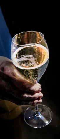 Hand hält Arunda-Sektglas mit goldenem Sekt und lebendiger Perlage vor schwarzem Hintergrund, dramatisches Licht