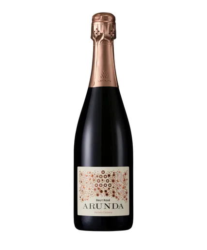 Arunda Brut Rosé Metodo Classico Sektflasche mit cremefarbenem Etikett, kunstvollem Kupfer-Muster und roségoldener Kapsel