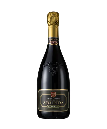 Arunda Riserva 2019 Extra Brut Metodo Classico mit schwarzem Etikett, goldener Umrandung und rotem Wappen, Produktfoto