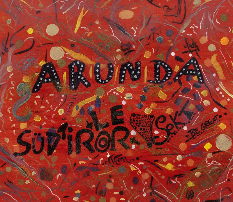 Expressionistisches Gemälde mit rotem Hintergrund, Schriftzügen Arunda Südtirol Sekt, bunte Punkte, festlich