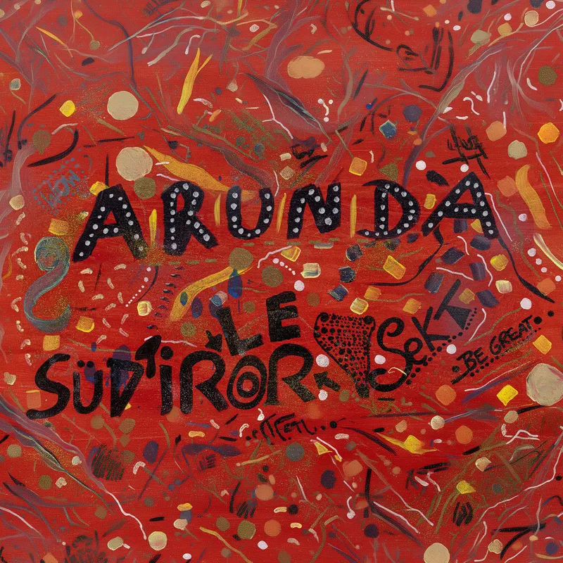 Expressionistisches Gemälde mit rotem Hintergrund, Schriftzügen Arunda Südtirol Sekt, bunte Punkte, festlich