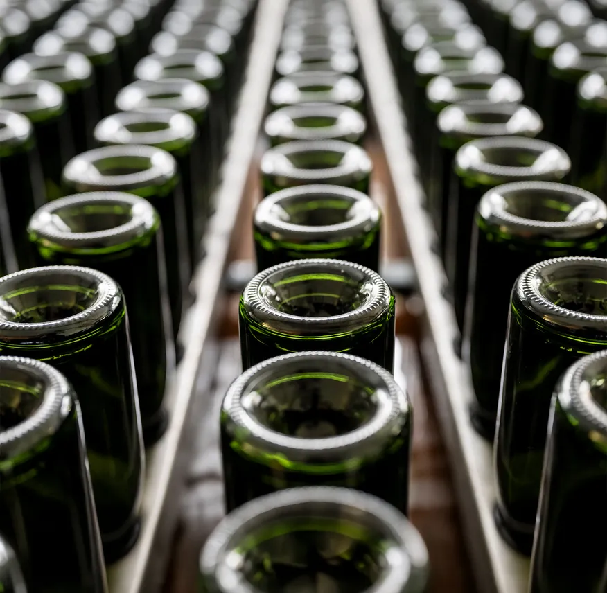 Dunkelgrüne Sektflaschen kopfüber in Holz-Rüttelpulten symmetrisch angeordnet, Nahaufnahme, weiches diffuses Licht