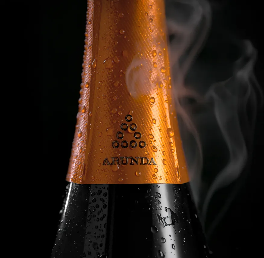 Kupferfarbene Arunda-Flaschenkapsel mit Logo, Kondenswassertropfen und Nebel, schwarzer Hintergrund