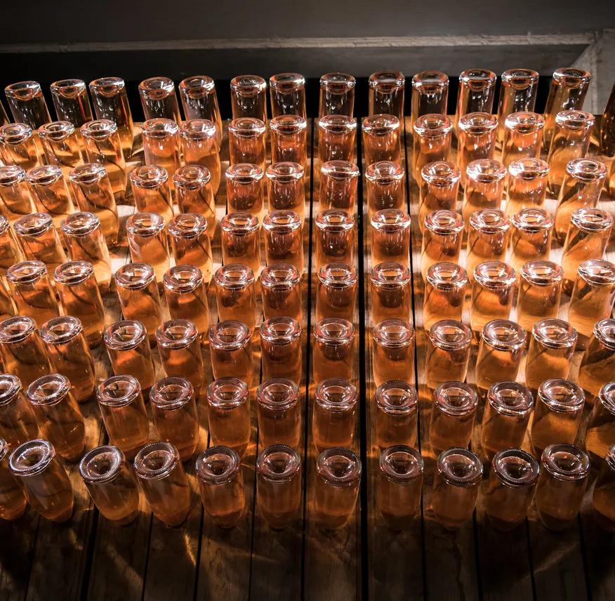 Rosé-Sektflaschen kopfüber auf Holz-Rüttelpult, leuchtend in Kupfer- und Goldtönen im Arunda-Keller in Mölten